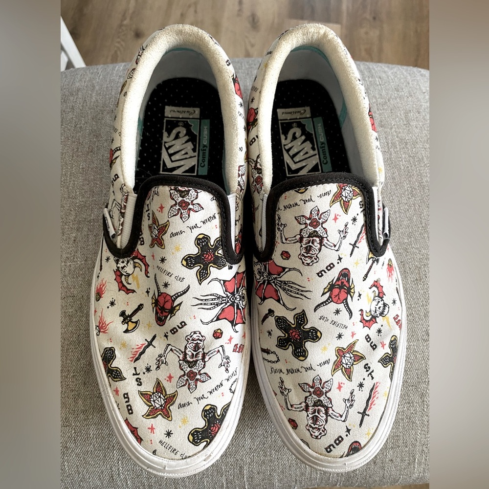 Vans Men's/Womens White Slip-On Shoes with Stranger Things Print